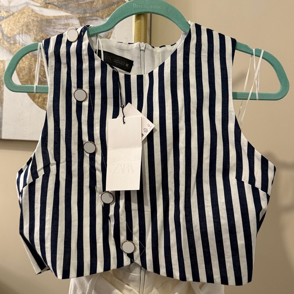 NWT Zara | Belted Linen Dress Waist Cut-out Navy Ivory Nautical coastal vibe - Picture 13 of 16